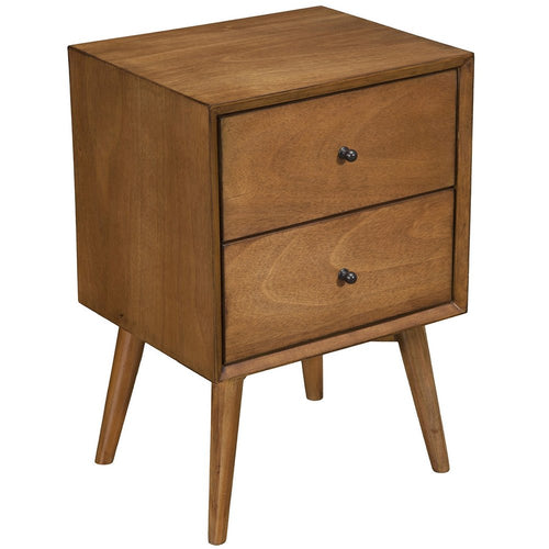 A brown solid wood two-drawer nightstand with tapered legs on a white background.