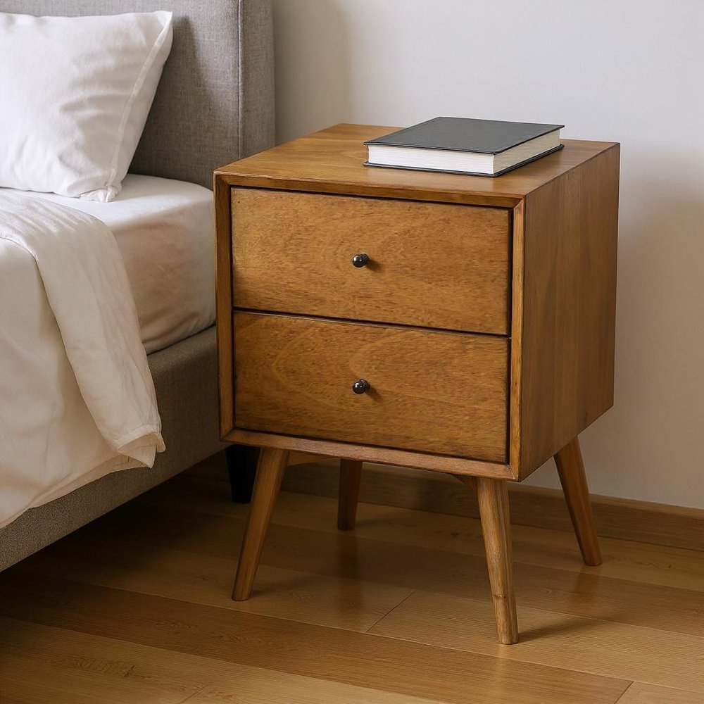 26" Solid Wood and Wood Two Drawer Nightstand styled in a furnished interior with an off-white wall on a dark wood floor in dark brown wood.