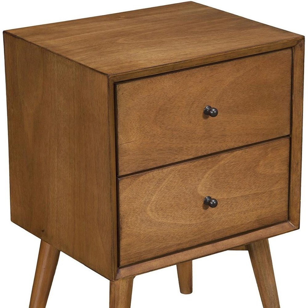 26" Solid Wood and Wood Two Drawer Nightstand. Nightstands & bedside table isolated on a plain white background, showing a dark brown wood surface.