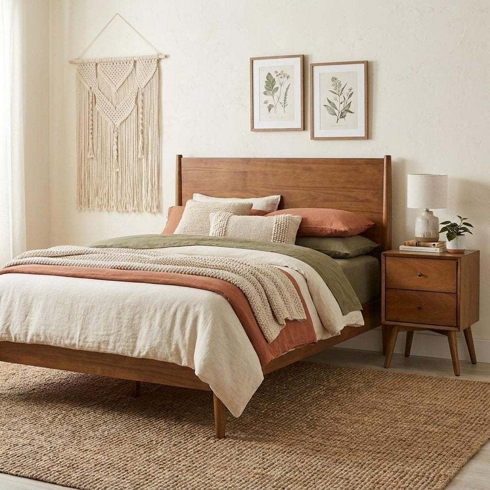 26" Solid Wood and Wood Two Drawer Nightstand styled in a furnished interior with an off-white wall on a wood floor.