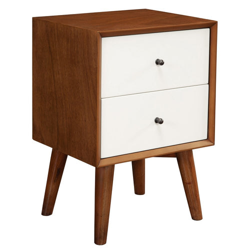 A two-drawer nightstand with white drawer fronts and a brown wood frame and legs, set against a white background.