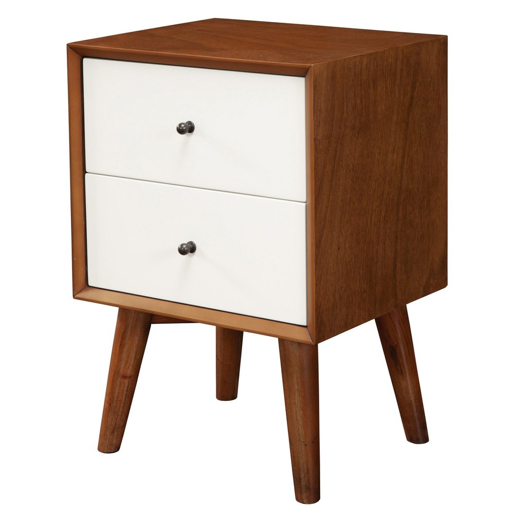 26" Solid Wood and Wood Two Drawer Nightstand. Nightstands & bedside table isolated on a plain white background, finished in dark brown wood.