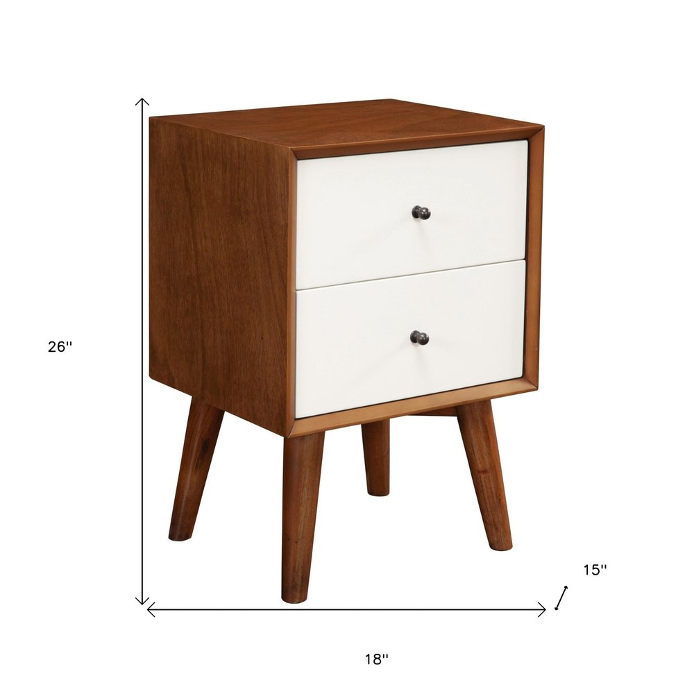 26" Solid Wood and Wood Two Drawer Nightstand. Nightstands & bedside table isolated on a plain white background, showing a dark brown wood surface.