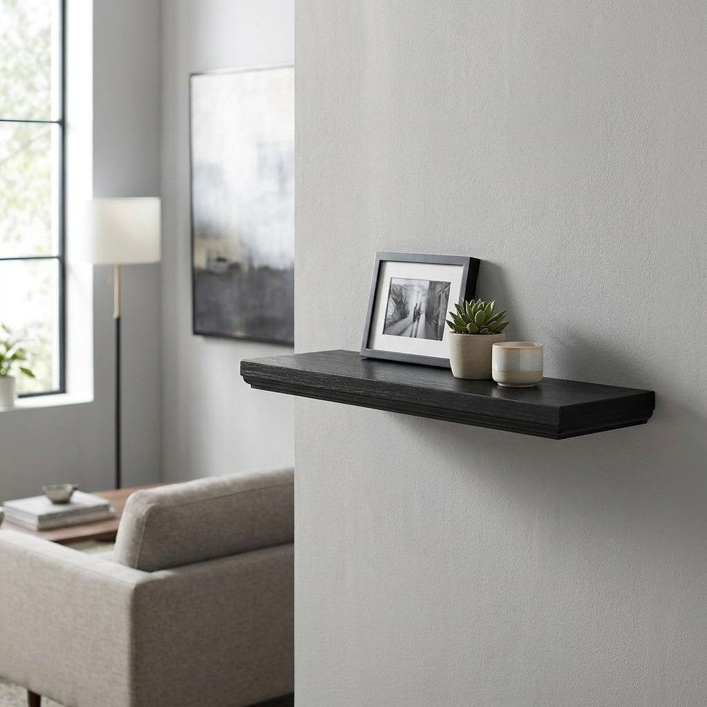 24" Black Wood Wall Mounted Floating Shelf. Wall mounted shelve in black wood.