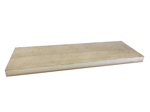 A solid wood rustic wall shelf in a light beige color with a textured finish on a white background.