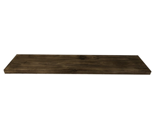 A dark brown solid wood shelf with visible grain, shown against a white background.