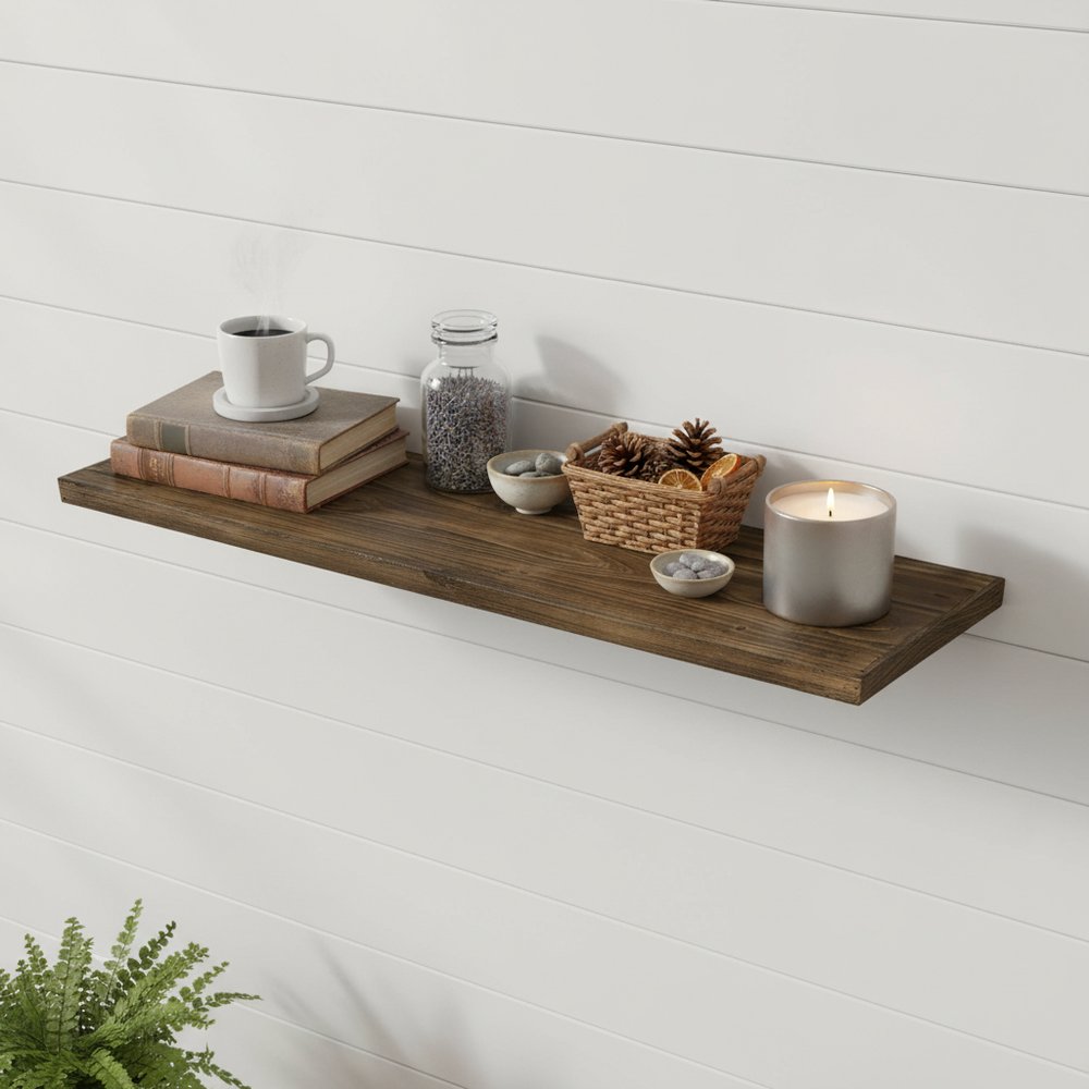 24" Solid Wood Wall-Mounted Shelving Unit. Wall mounted shelve in brown wood.