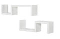 Two white solid wood wall shelves in a zig-zag design against a white background.