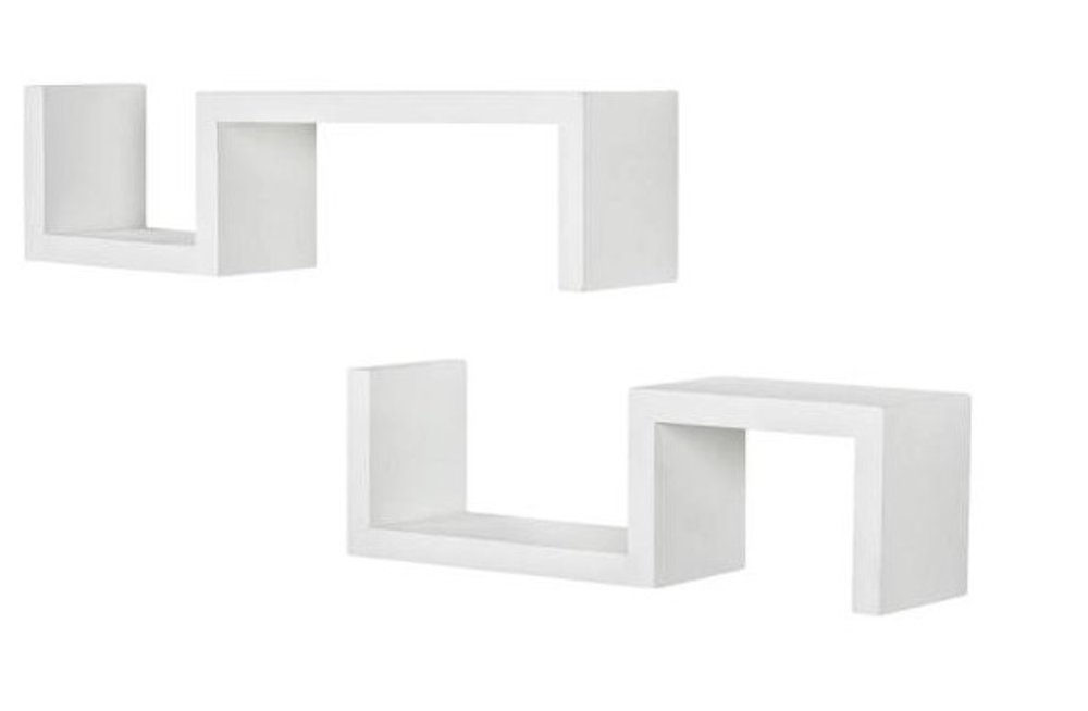 Two white solid wood wall shelves in a zig-zag design against a white background.
