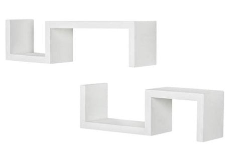 Two white solid wood wall shelves in a zig-zag design against a white background.