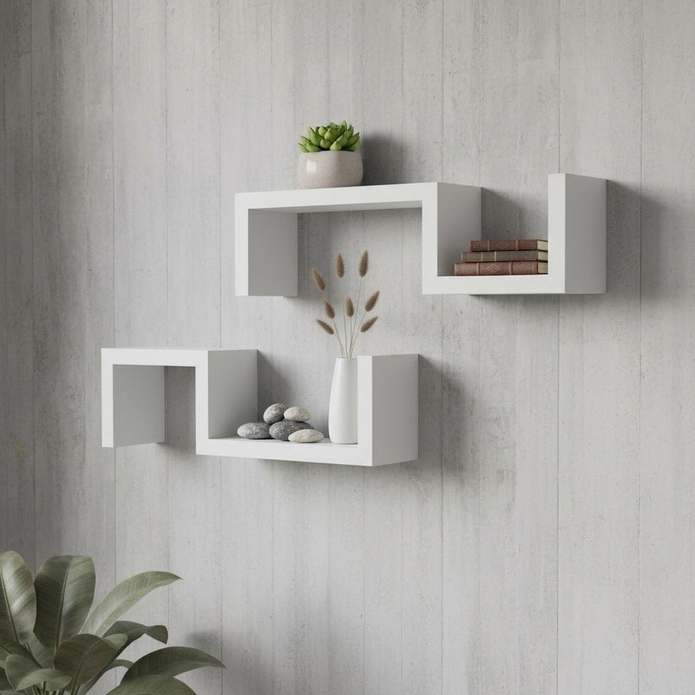 24" Two Shelves Solid Wood Wall Mounted Shelving Unit styled in a furnished interior with a light gray wall on a tiled floor.