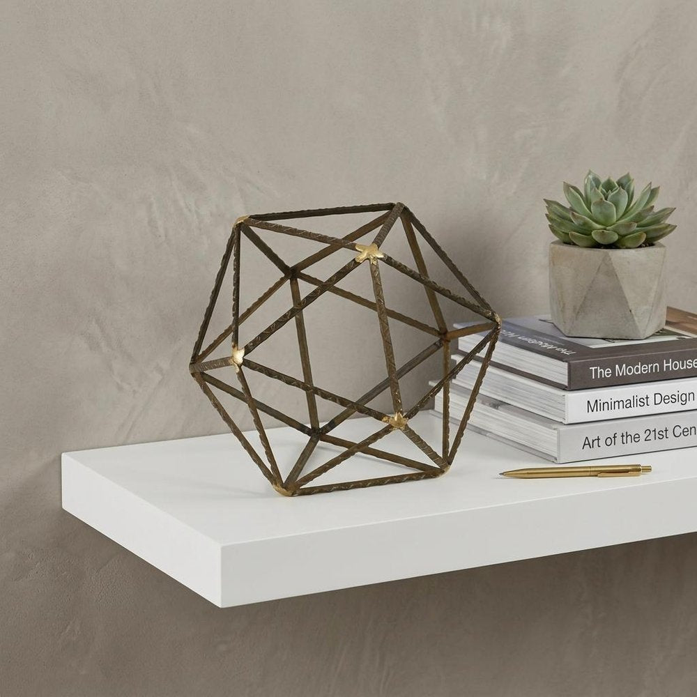 8" Brown and Gold Metal Hand Painted Geometric Orb Tabletop Sculpture