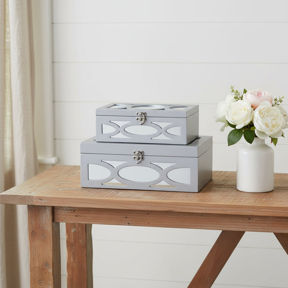 Set of Two Silver Mirrored Glass And Wood Box With Lid in a home interior