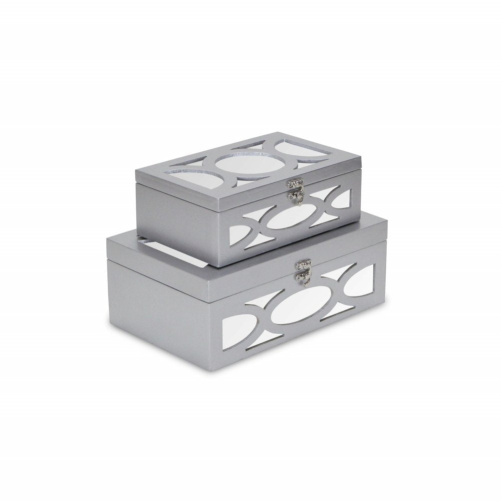 Set of Two Silver Mirrored Glass And Wood Box With Lid on a white background