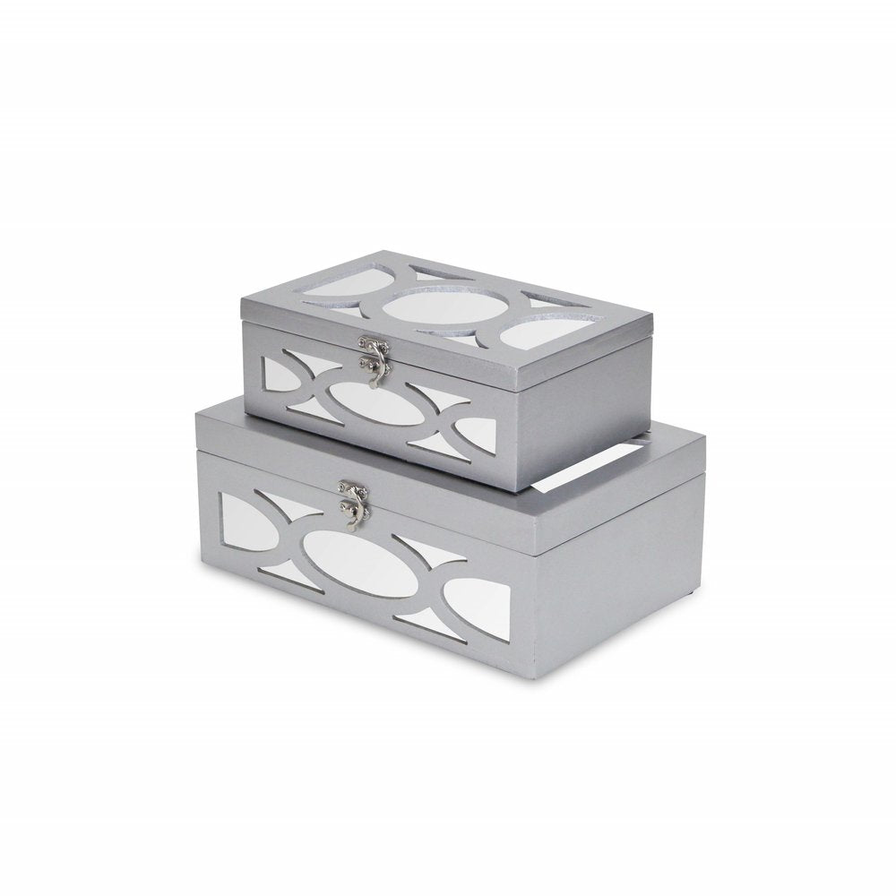Set of Two Silver Mirrored Glass And Wood Box With Lid on a white background