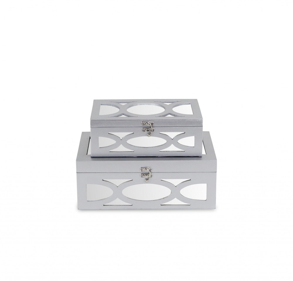 Set of Two Silver Mirrored Glass And Wood Box With Lid on a white background