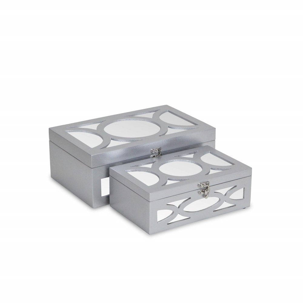 Set of Two Silver Mirrored Glass And Wood Box With Lid on a white background