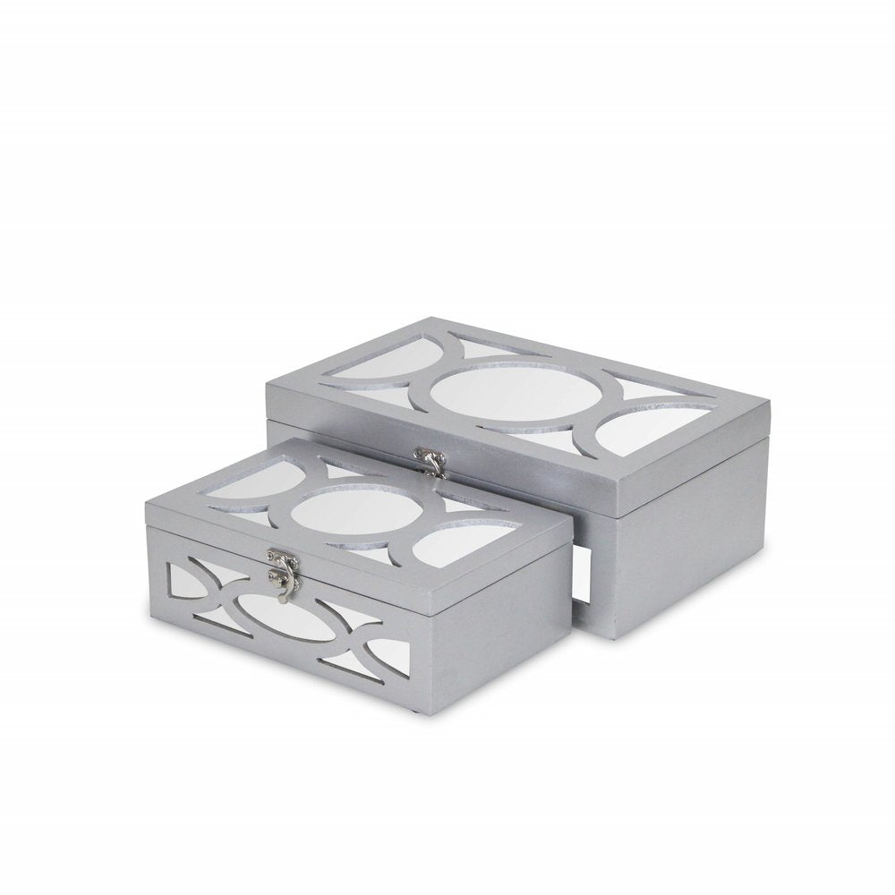 Set of Two Silver Mirrored Glass And Wood Box With Lid on a white background