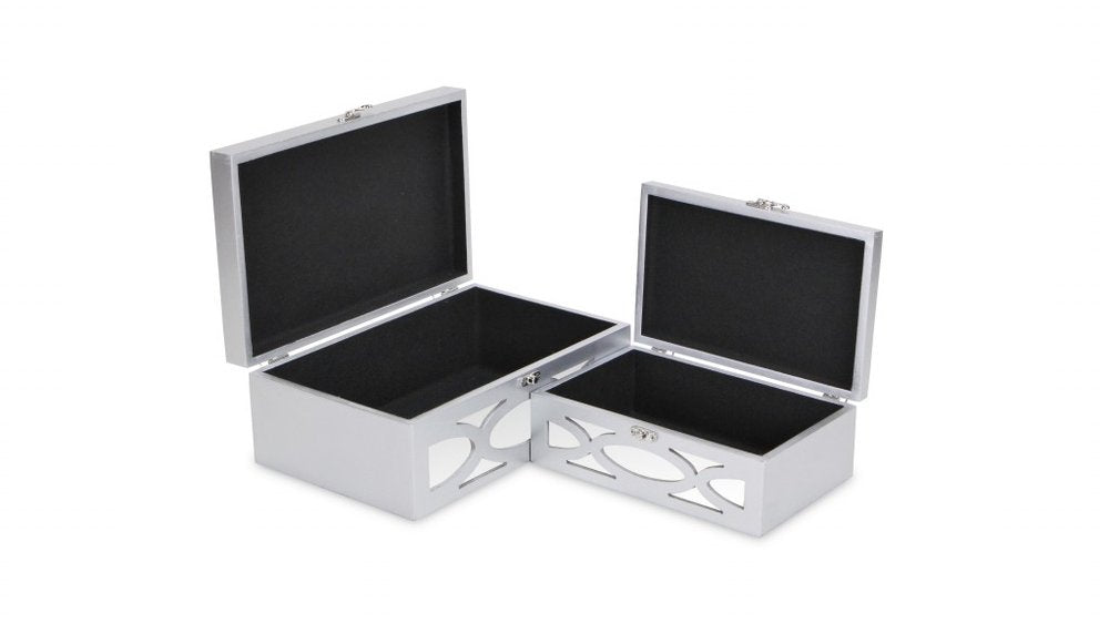 Set of Two Silver Mirrored Glass And Wood Box With Lid on a white background