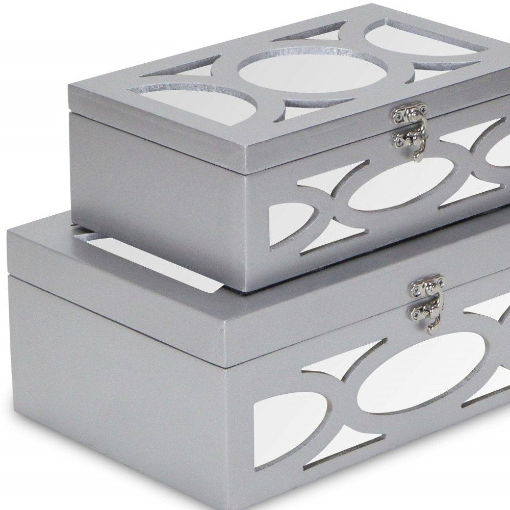 Set of Two Silver Mirrored Glass And Wood Box With Lid on a white background