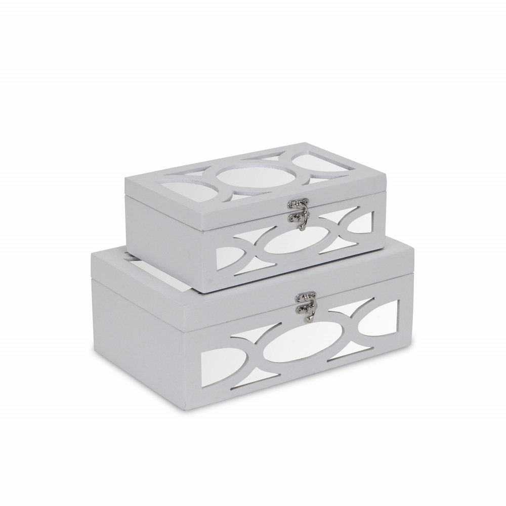Set of Two White Mirrored Glass And Wood Box With Lid on a white background