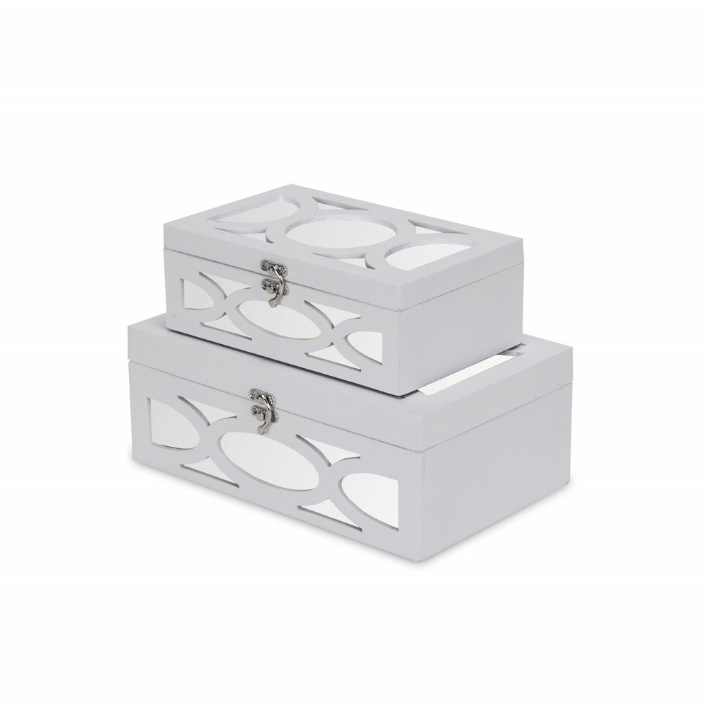 Set of Two White Mirrored Glass And Wood Box With Lid on a white background