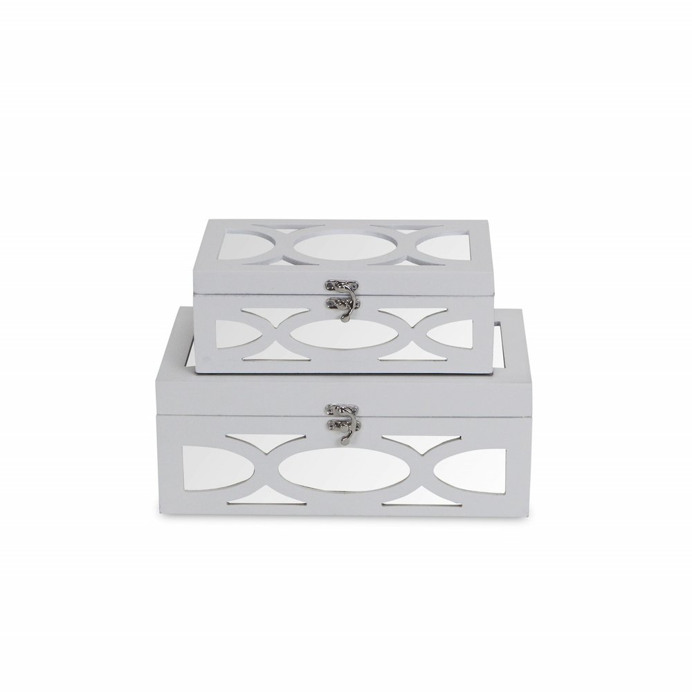 Set of Two White Mirrored Glass And Wood Box With Lid on a white background