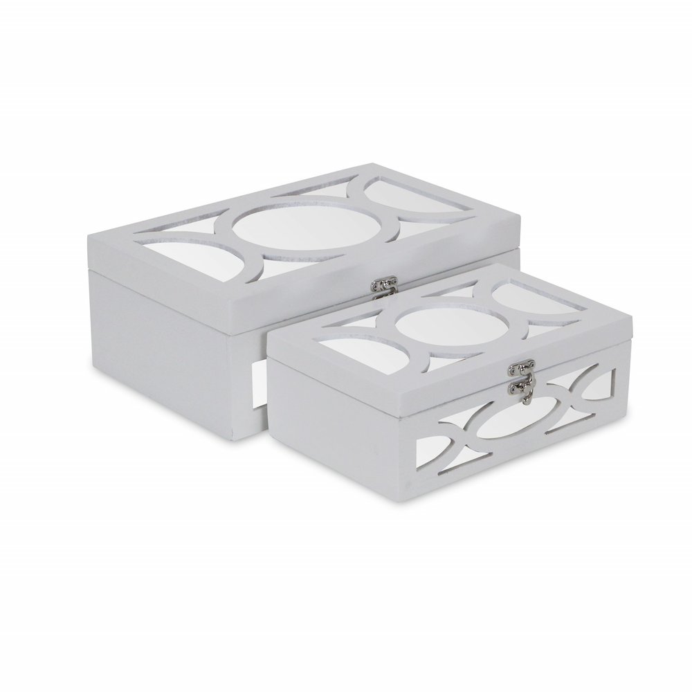 Set of Two White Mirrored Glass And Wood Box With Lid on a white background