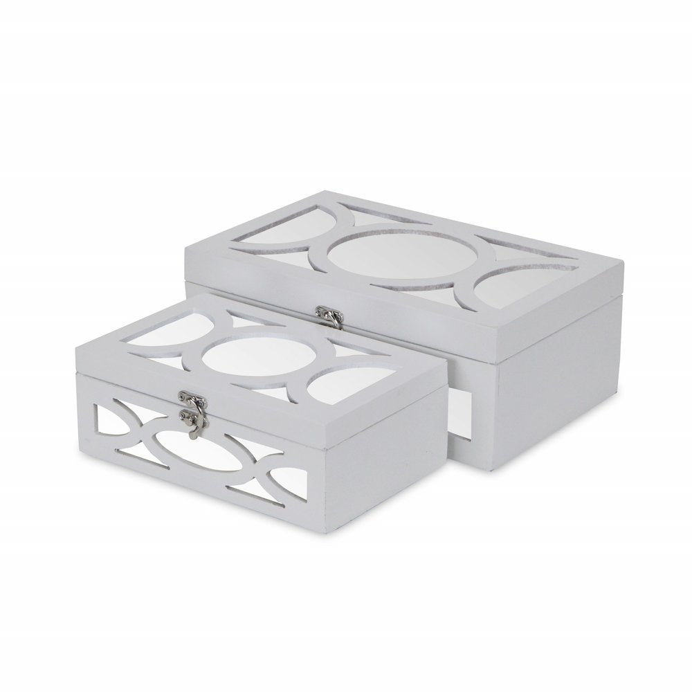 Set of Two White Mirrored Glass And Wood Box With Lid on a white background