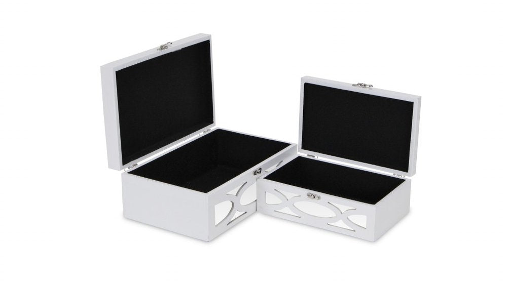 Set of Two White Mirrored Glass And Wood Box With Lid on a white background