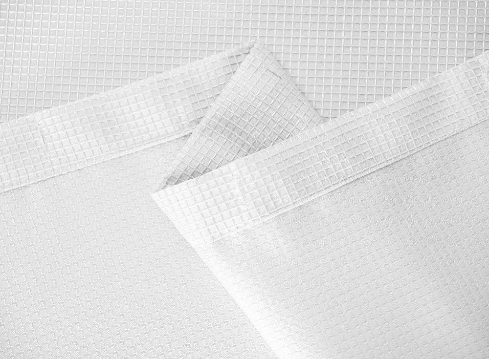 Luxurious White Waffle Weave Shower Curtain on a white background