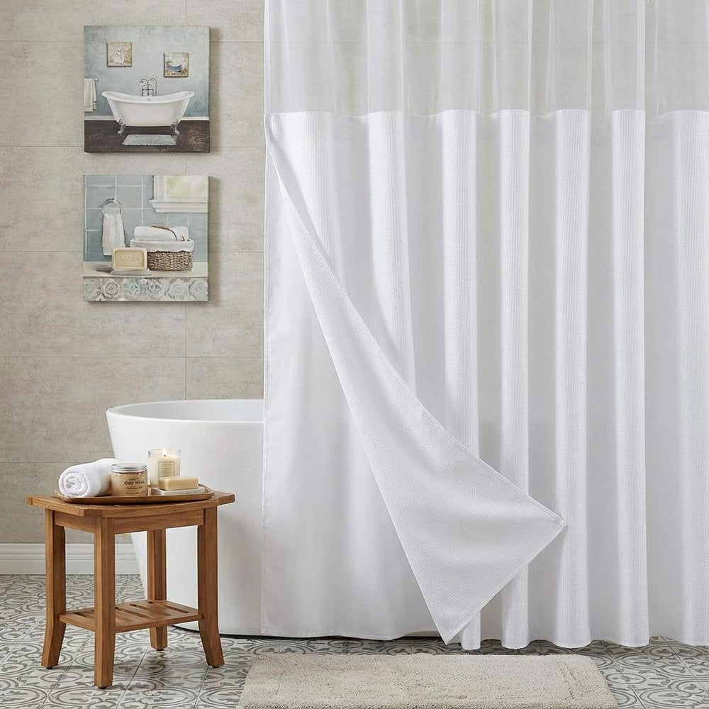 White Sheer and Grid Shower Curtain and Liner Set on a white background