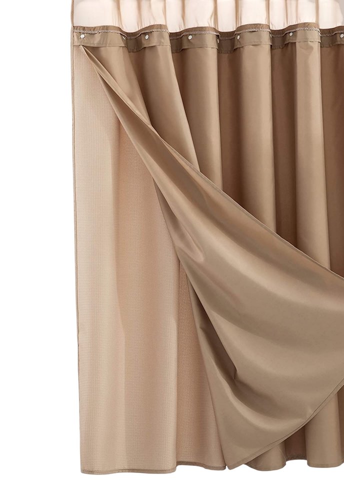 Mocha Sheer and Grid Shower Curtain and Liner Set on a white background