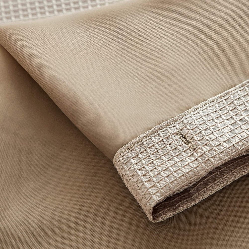 Mocha Sheer and Grid Shower Curtain and Liner Set in a home interior