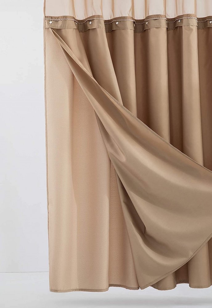 Mocha Sheer and Grid Shower Curtain and Liner Set in a home interior