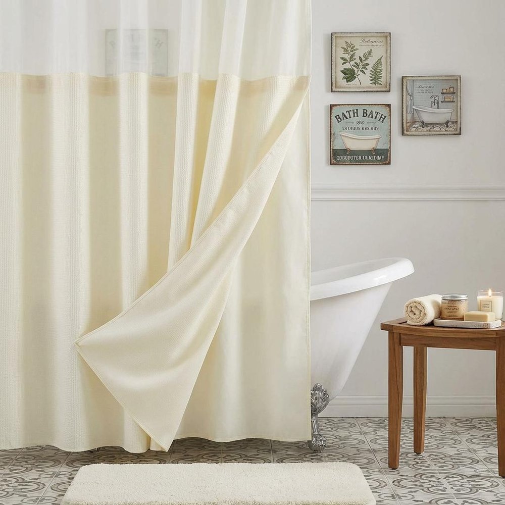 Ivory Sheer and Grid Shower Curtain and Liner Set on a white background