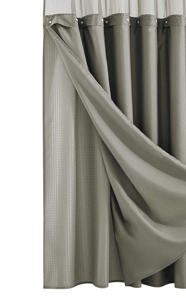 Gray Sheer and Grid Shower Curtain and Liner Set on a white background