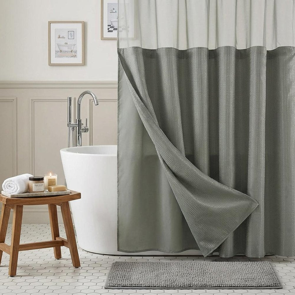 Gray Sheer and Grid Shower Curtain and Liner Set on a white background