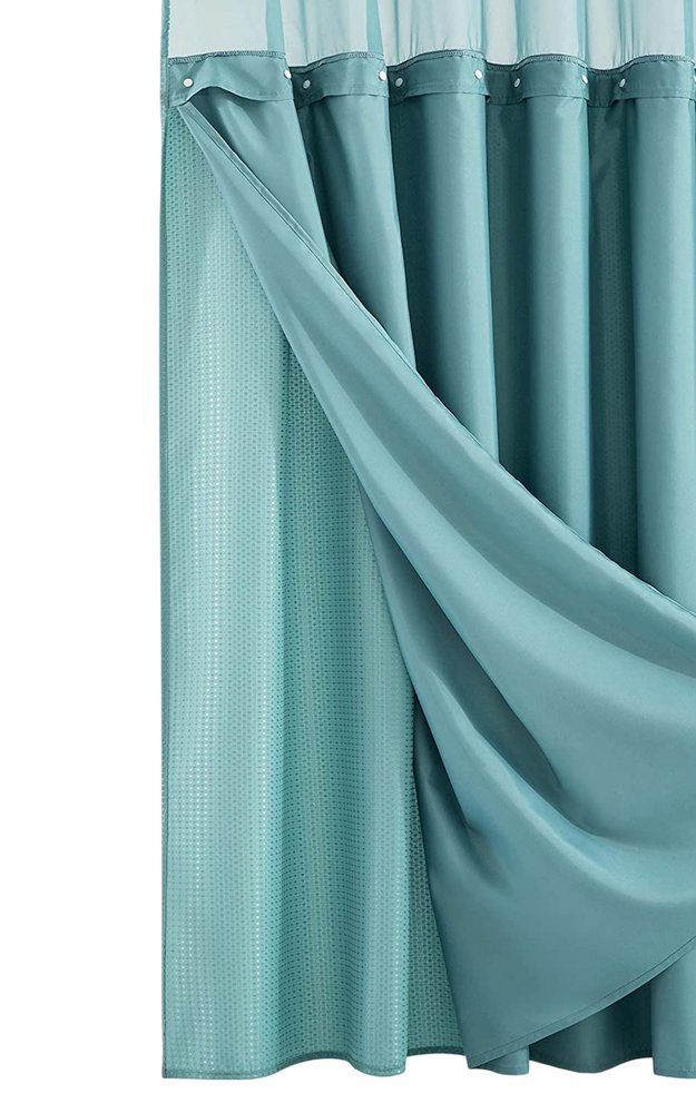 Teal Sheer and Grid Shower Curtain and Liner Set on a white background