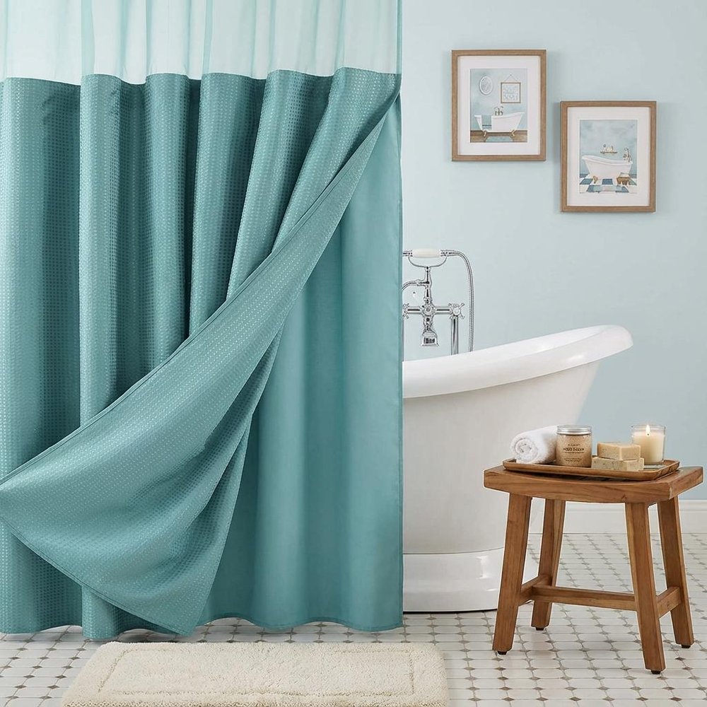 Teal Sheer and Grid Shower Curtain and Liner Set in a home interior