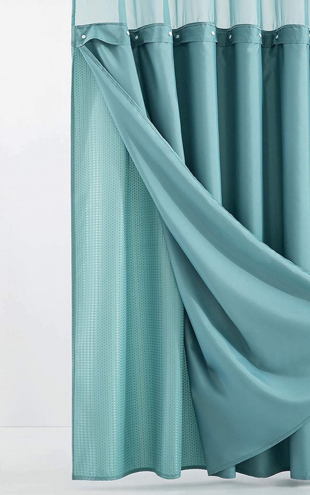 Teal Sheer and Grid Shower Curtain and Liner Set close-up detail