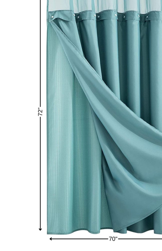 Teal Sheer and Grid Shower Curtain and Liner Set on a white background