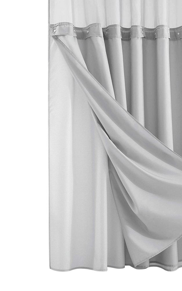 Silver Modern Grid Shower Curtain and Liner Set on a white background