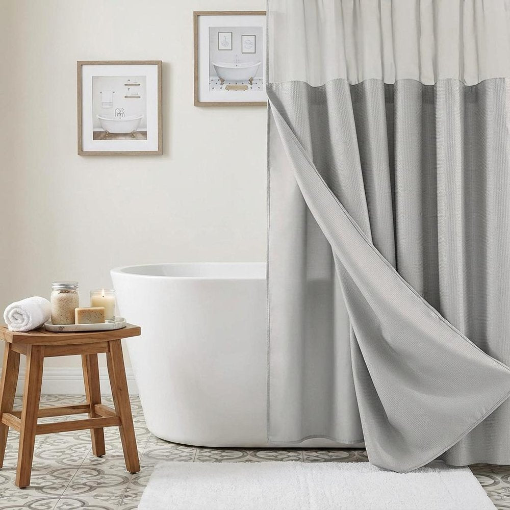 Silver Modern Grid Shower Curtain and Liner Set on a white background