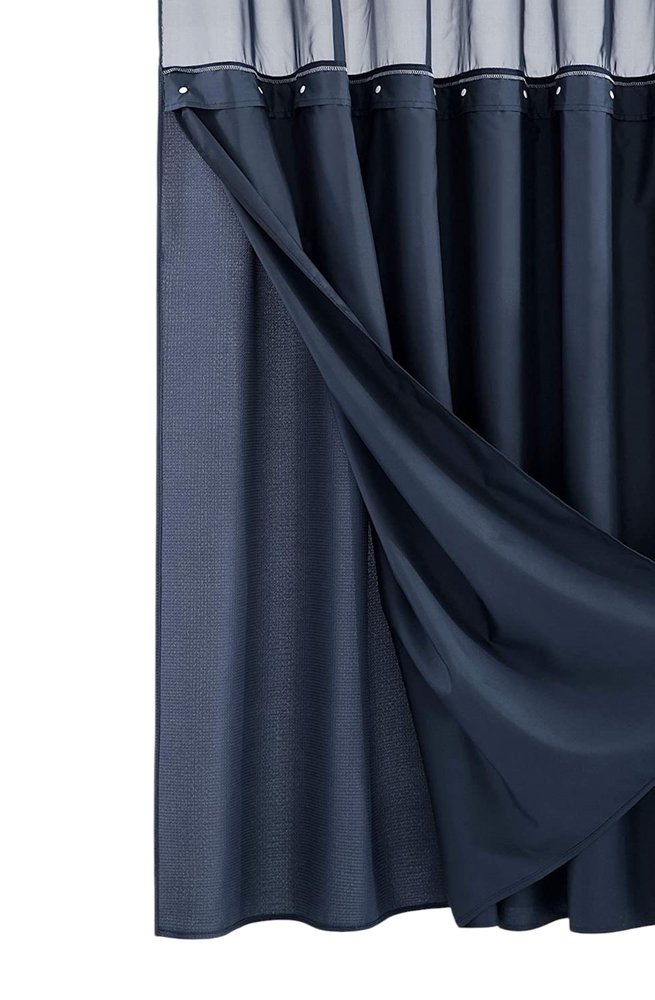 Navy Modern Grid Shower Curtain and Liner Set on a white background