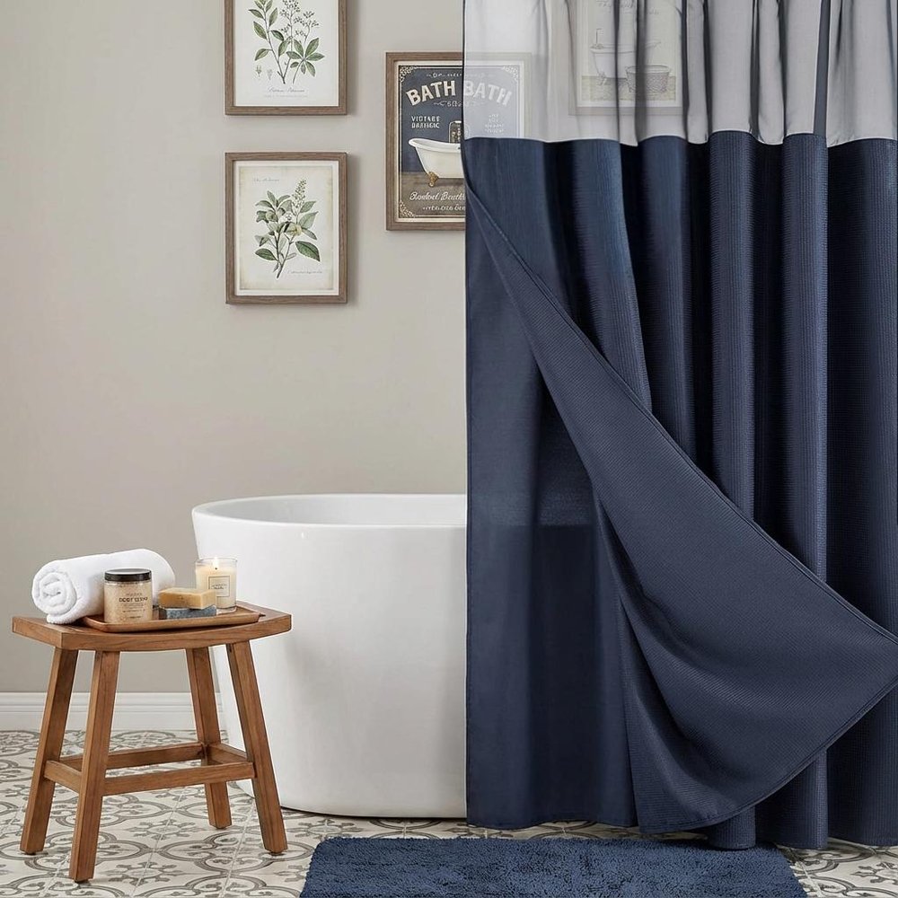 Navy Modern Grid Shower Curtain and Liner Set in a home interior