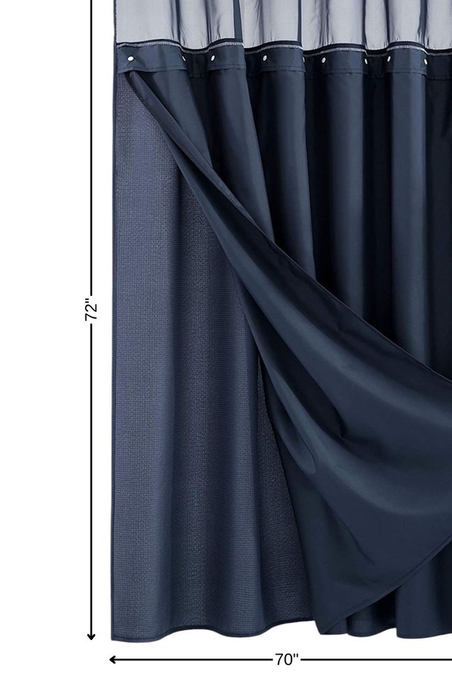 Navy Modern Grid Shower Curtain and Liner Set on a white background