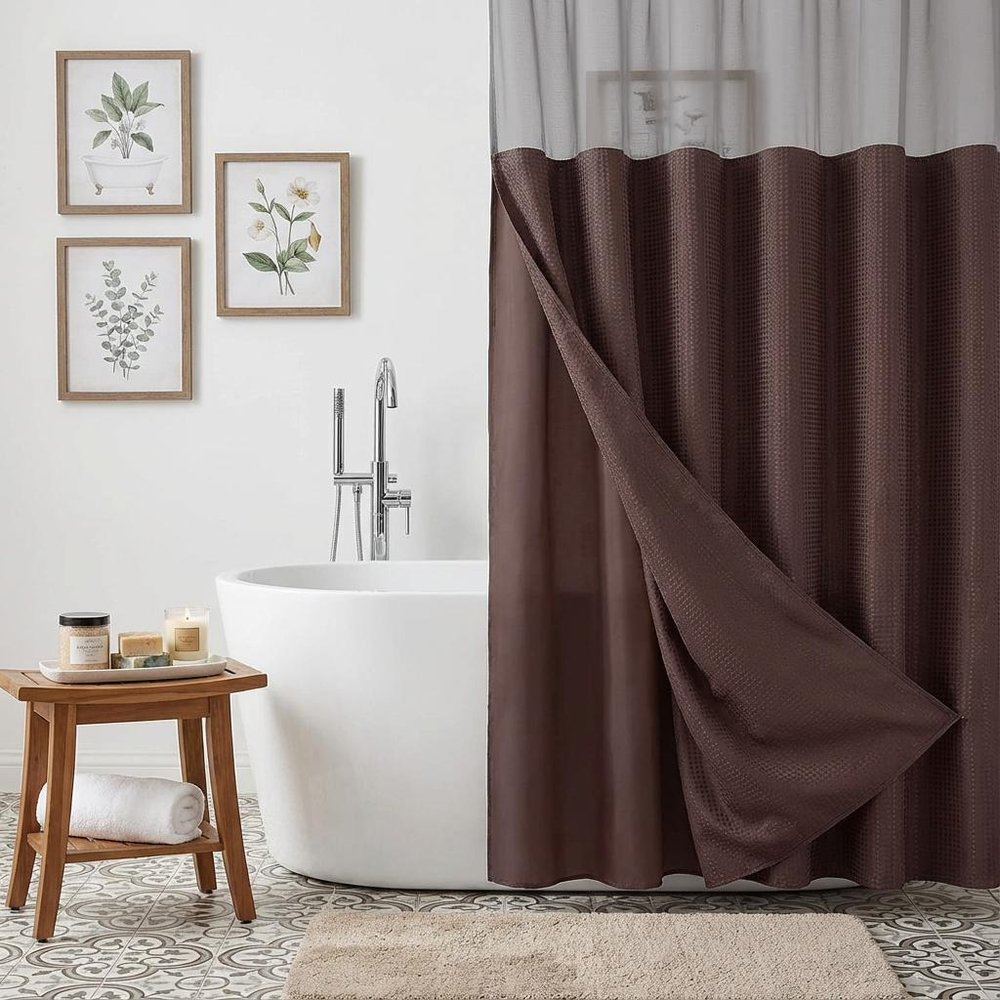 Brown Modern Grid Shower Curtain and Liner Set in a home interior