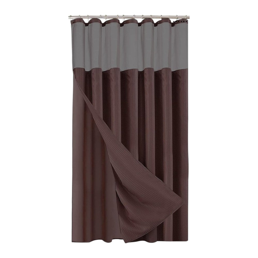 Brown Modern Grid Shower Curtain and Liner Set on a white background