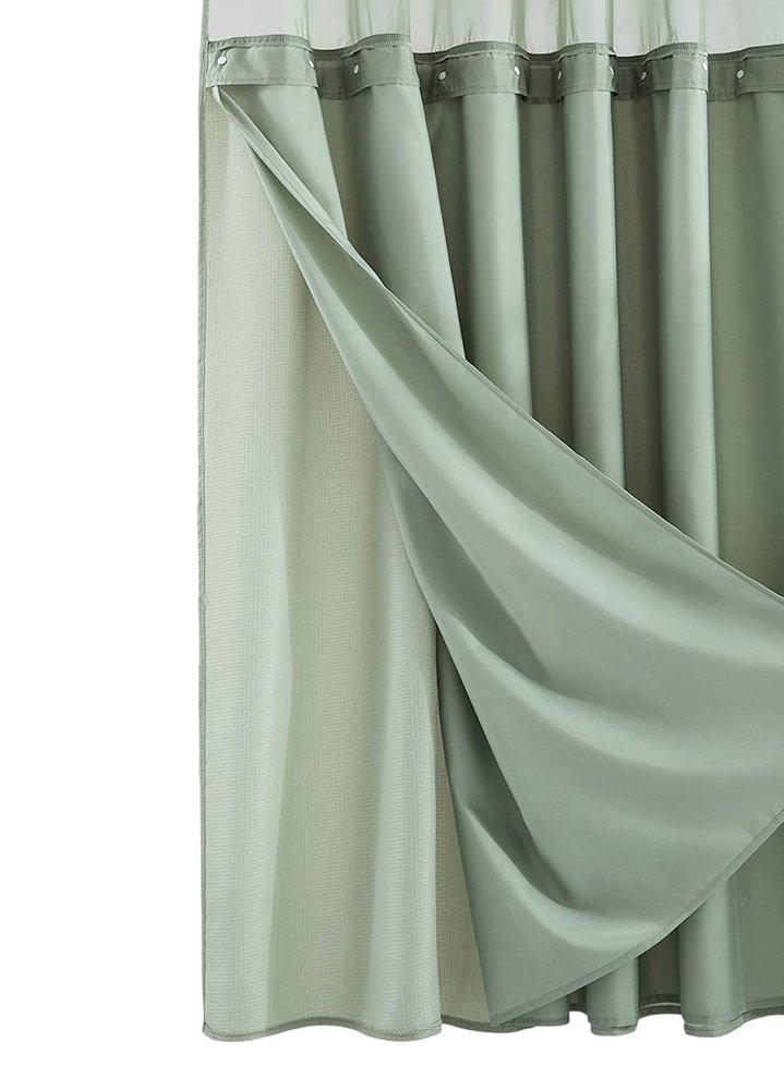 Sage Green Modern Grid Shower Curtain and Liner Set on a white background